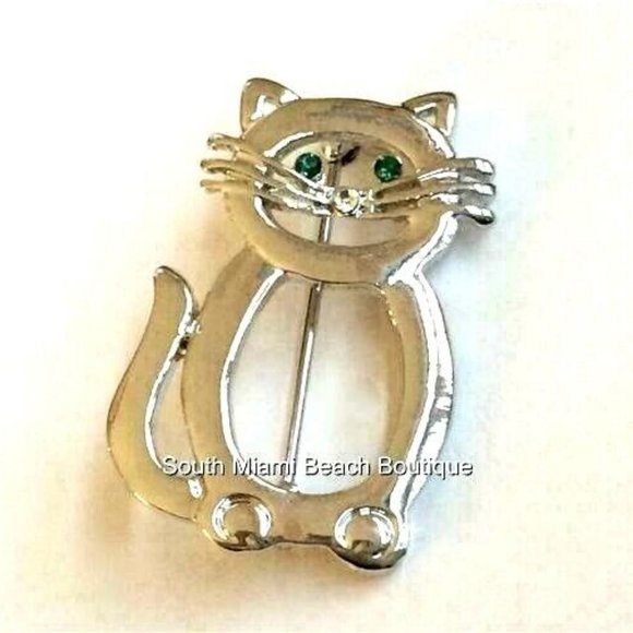 Cat Kitten Pin Brooch Crystal Silver Rhodium Plated Kitty Lady Rescue Vet Gift - Picture 2 of 8